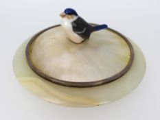 1922 Silver Mounted Alabaster Bowl with Mother of Pearl Lid & Bird Finial