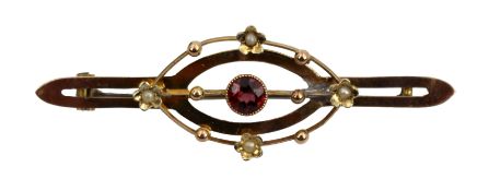 Antique Garnet and 9ct Gold Brooch with Floral Accents