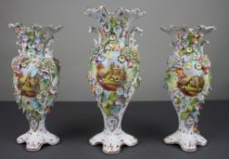 Garniture of Three English Flower-Encrusted Porcelain Vases, c.1850 (probably Samuel Alcock & Co....