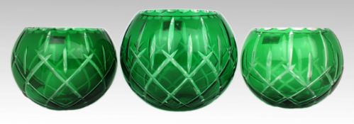 Garniture of Three Vintage Gorham Green Overlay Cut Crystal Bowls