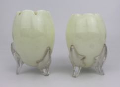 Pair of Vintage Opaline Glass Vases with Clear Glass Feet Mid-20th century, possibly French