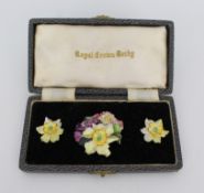Vintage Royal Crown Derby Cased Floral Brooch & Earring Set