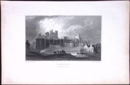 Wales-Caerphilly Castle Antique 166-Year-Old Steel Engraving-2