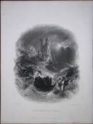 Dunstanborough Castle At Night WH Bartlett 183 Years-Old Antique Steel Engraving-58