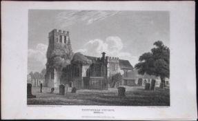 London Tottenham Church & Graveyard Antique 200 Years-Old Steel-Engraving-97