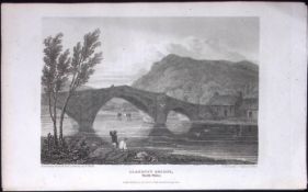 Llanrust Bridge Conwy Wales Antique 213 Years-Old Georgian Steel-Engraving-195