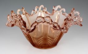 Vintage Brev Italian Pink Glass Pierced Rim Ruffled Bowl