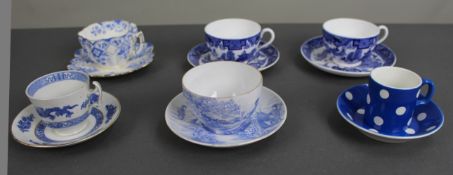 Collection of Antique & Vintage Blue & White Tea Cups & Saucers