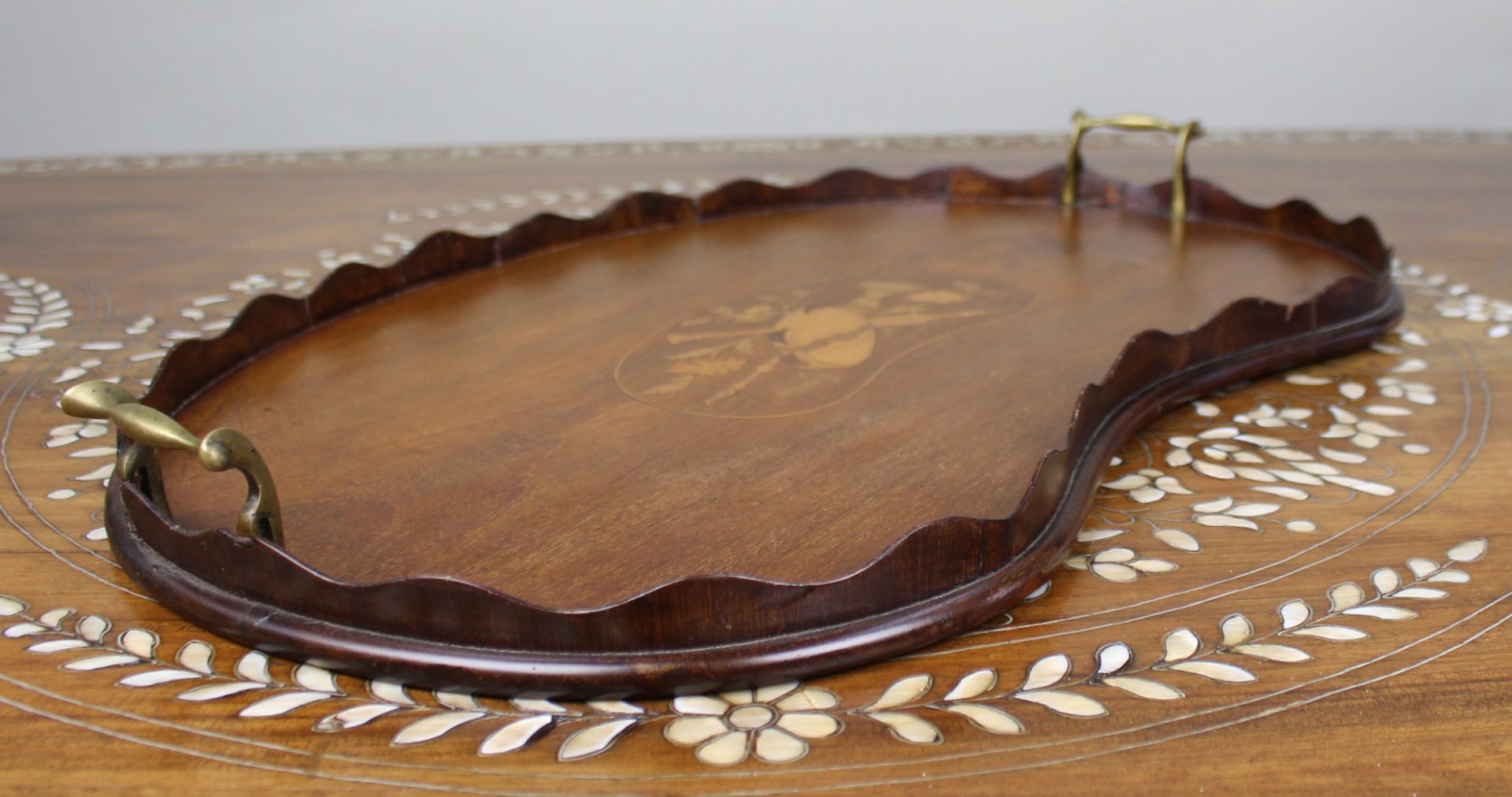 Antique Inlaid Wooden Tray with Brass Handles - Image 3 of 7