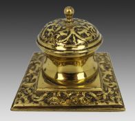 Victorian Brass Inkwell with Ornate Scrollwork – c.1880