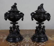 Pair of French Bronzed Spelter Urns with Bacchic Masks and Putti, Circa 1880