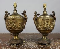 Pair of French Gilt Bronze Urn Lamps with Putti Reliefs, circa 1900