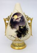 Royal Worcester Blush Ivory Vase with Moonlit Bird Scene, Dated 1887 — Damaged