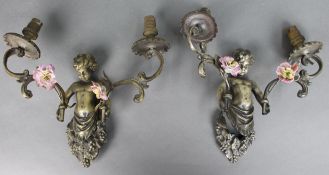 Pair of Antique French Style Cherub Wall Sconces with Porcelain Flowers