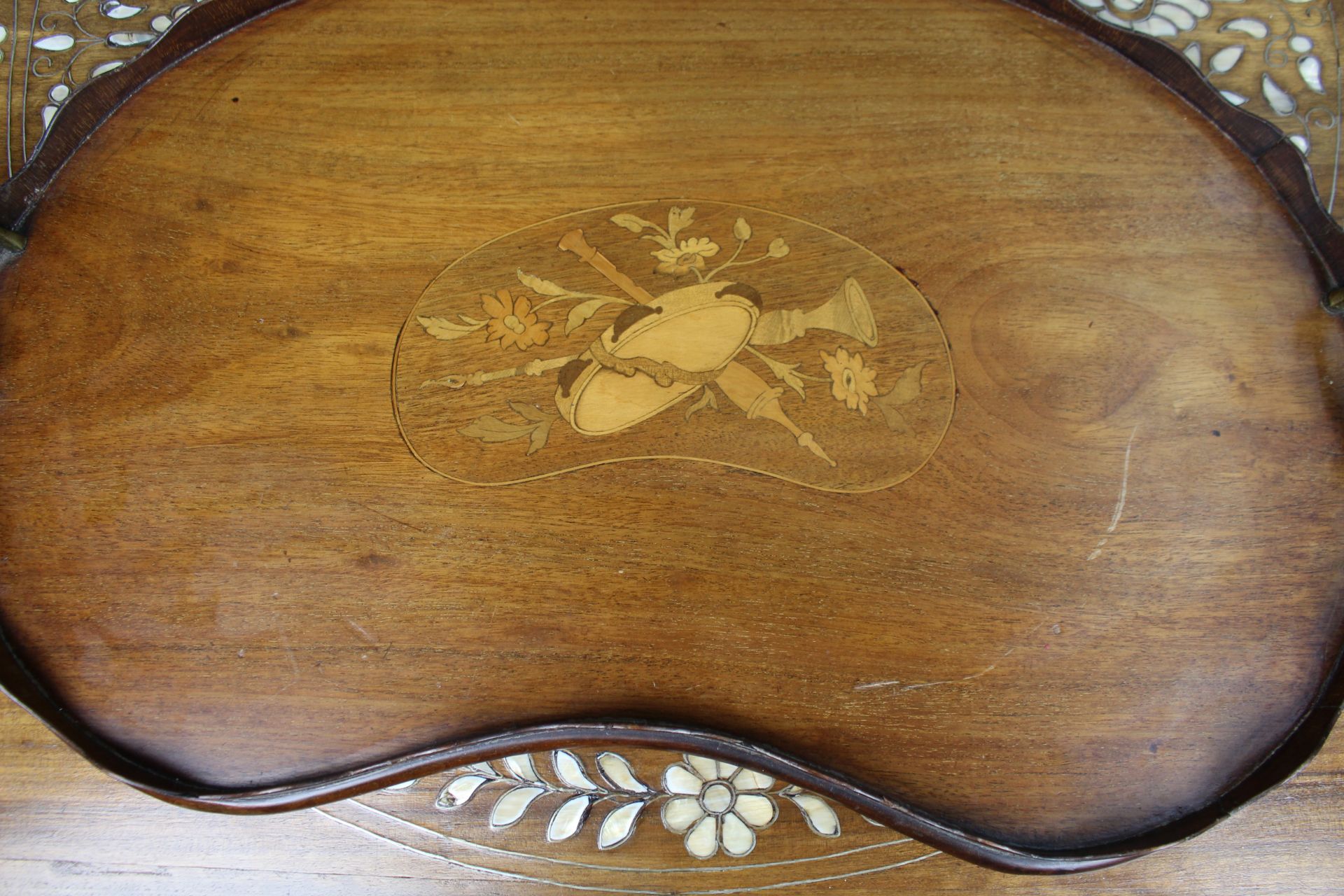 Antique Inlaid Wooden Tray with Brass Handles - Image 7 of 7