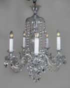 Five-Arm French Cut Glass and Crystal Chandelier, Mid-20th Century