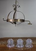 Antique Gothic Revival Brass Three-Light Gasolier with Opalescent Glass Shades, circa 1900