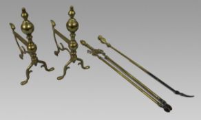 Antique Brass Fire Dogs and Companion Set, c.1850–1880