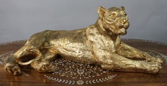 Large Reclining Lioness Sculpture Resin with Hand-Applied Gold Leaf Finish