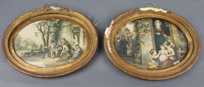 Pair of 19th Century Hand Coloured Rural Genre Prints in Oval Gilt Frames