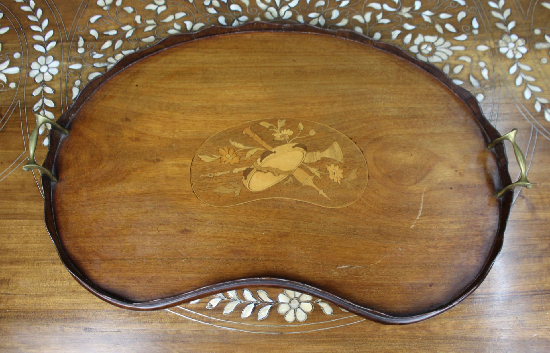 Antique Inlaid Wooden Tray with Brass Handles - Image 6 of 7