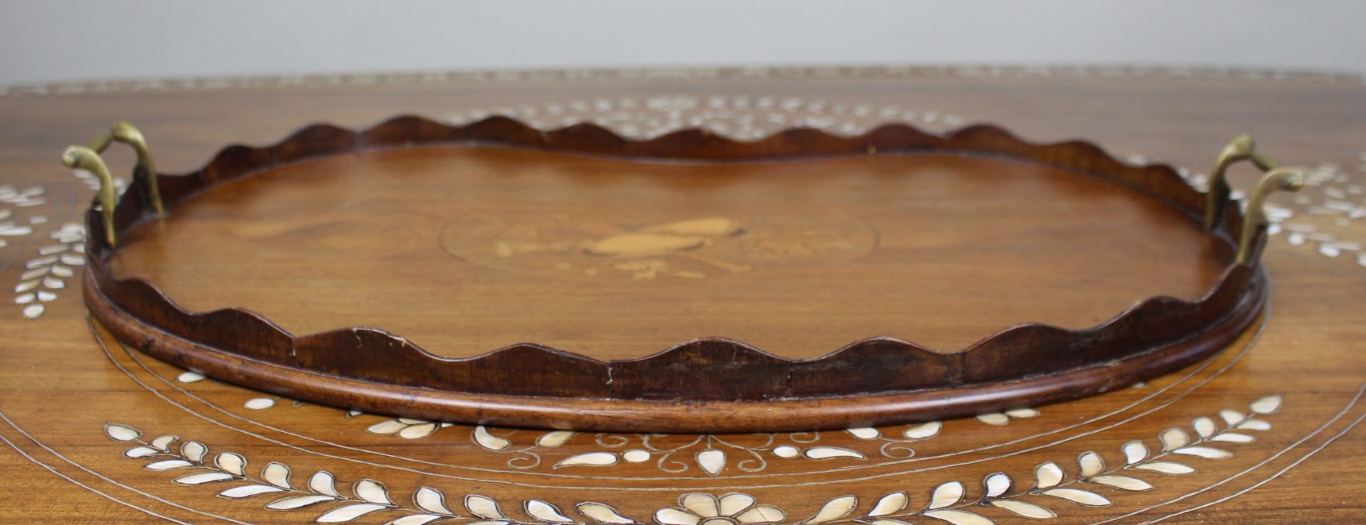 Antique Inlaid Wooden Tray with Brass Handles - Image 4 of 7