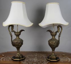 Pair of Early 20th Century French Neoclassical Ewer Lamps with Putti Relief