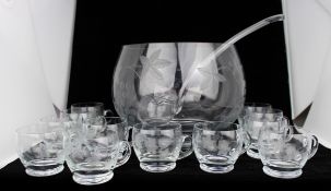 Vintage Etched Crystal Punch Bowl, Ladle & 12 Glasses