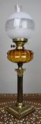 Victorian Brass Oil Lamp with Amber Glass Font