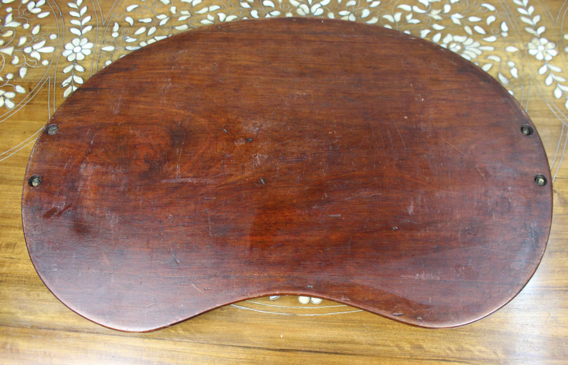 Antique Inlaid Wooden Tray with Brass Handles - Image 5 of 7