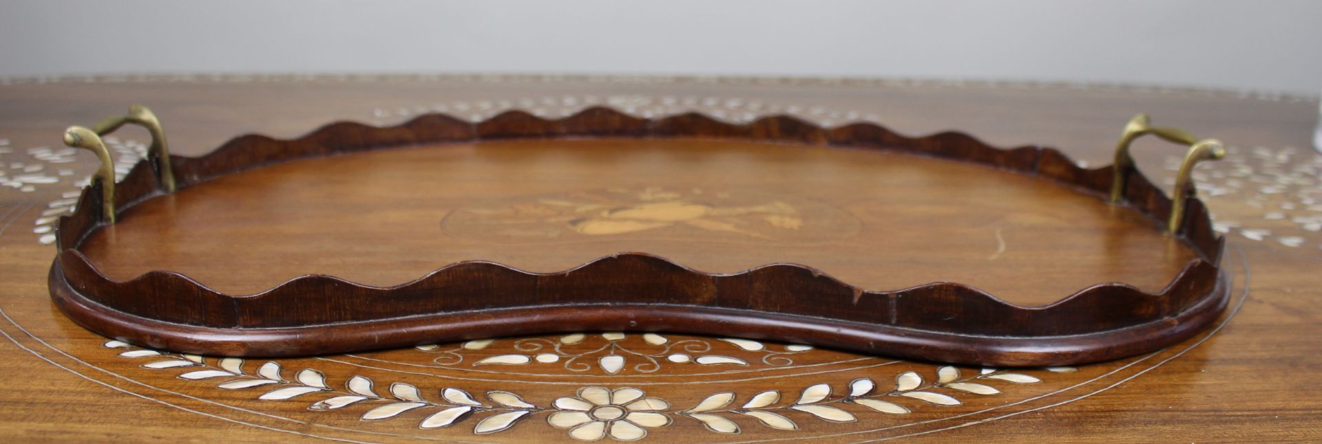 Antique Inlaid Wooden Tray with Brass Handles - Image 2 of 7