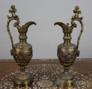 Pair of 19th Century French Gilt Bronze Bacchanalian Ewers with Cherubs