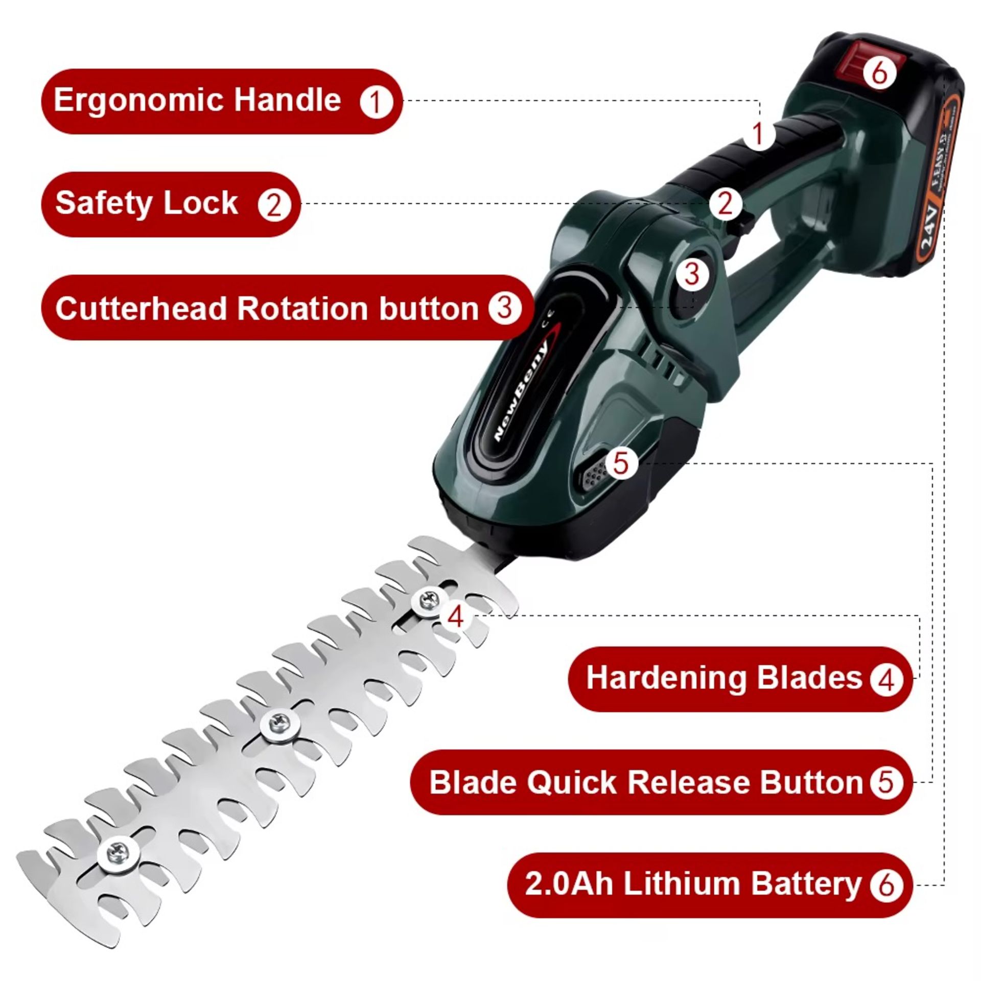 2-In-1 Cordless Electric Hedge Trimmer – Green (2-Battery Version) - Image 9 of 11