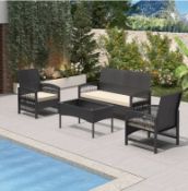 4-Piece Rattan Outdoor Furniture Set – Sofa, Armchairs & Tempered Glass Coffee Table With Cushion...