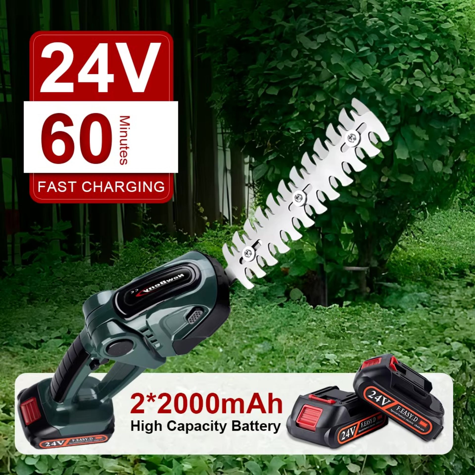 2-In-1 Cordless Electric Hedge Trimmer – Green (2-Battery Version) - Image 11 of 11