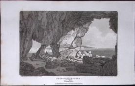 Freshwater Cave Hampshire Antique 220 Years-Old Georgian Steel-Engraving-494