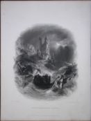 Dunstanborough Castle At Night WH Bartlett 183 Years-Old Antique Steel Engraving-58