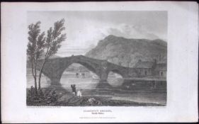 Llanrust Bridge Conwy Wales Antique 213 Years-Old Georgian Steel-Engraving-195