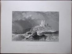 Dunstanborough Castle Northumberland WH Bartlett 183 Years-Old Antique Steel Engraving-55