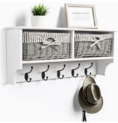 Wall-Mounted Coat Rack – White Shelf With 2 Grey Wicker Baskets & 5 Double Hooks