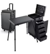 Rolling Makeup Case Manicure Desk Foldable Mobile Beauty Workstation With 5 Drawers, Wheels