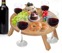 Portable Wine Picnic Table Foldable Wooden Snack Tray With Glass Holder – Outdoor