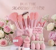 33-Piece Pink Makeup Brush Set – Complete Beauty Kit With Headband, Sponges & Puffs