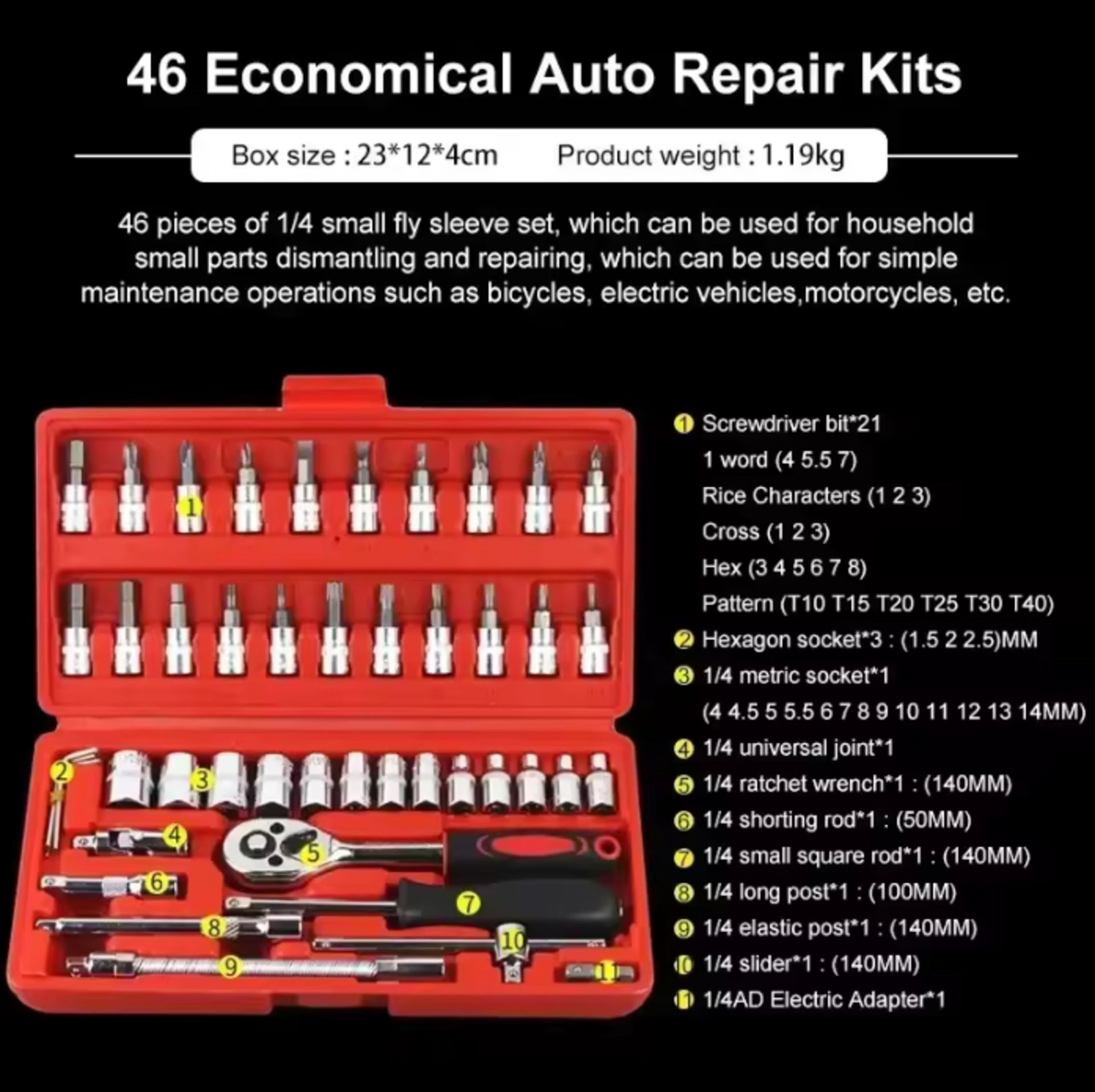 46pcs Car Repair Tool Kit 1/4-Inch Socket Set Car Repair Tool Ratchet Torque Wrench Auto Repair K... - Image 2 of 3