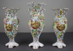 Garniture of Three English Flower-Encrusted Porcelain Vases, c.1850 (probably Samuel Alcock & Co....