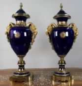 Pair of Fine Sevres Style Cobalt Blue Rams Head Lidded Urns
