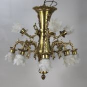 Vintage 12 Light French Brass Chandelier with Glass Shades