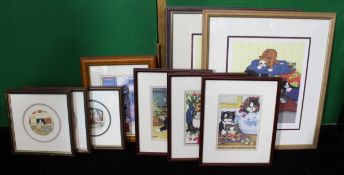 Collection of 9 Framed Cat Prints by Linda Jane Smith