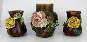 Set of 3 Decorative Victorian Floral Pottery Vases