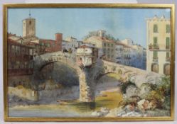 19th Century Watercolour – Italian Stone Bridge Scene, Signed J.L. 1877